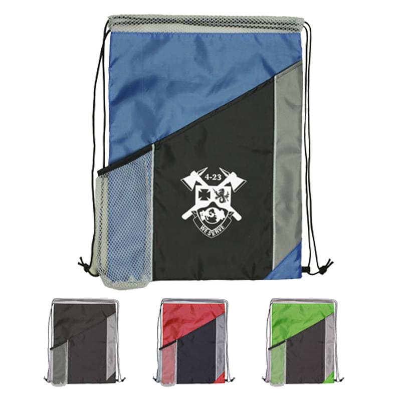Tri Color Polyester Drawstring Bag w/Mesh Pocket