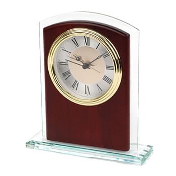 Glass & Wood Desk Alarm Clock - Gold Bezel
