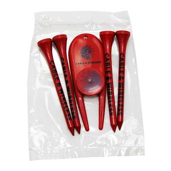 Golf Tee Poly Packet with 4 Tees, 1 Ball Marker & 1 Divot Tool