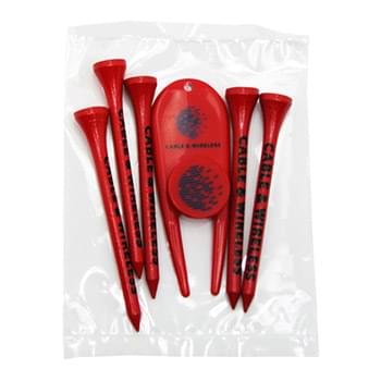 Golf Tee Poly Packet with 5 Tees, 1 Ball Marker & 1 Divot Tool