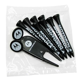 Golf Tee Poly Packet with 8 Tees, 2 Ball Markers & Divot Tool
