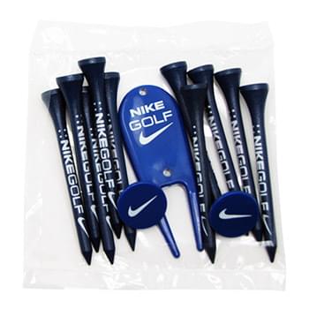 Golf Tee Poly Packet with 10 Tees, 2 Ball Markers & Divot Tool