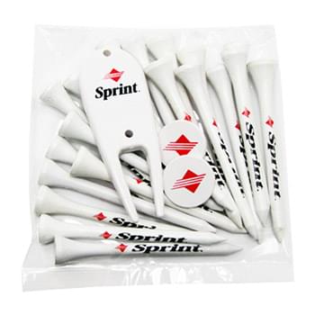 Golf Tee Poly Packet with 20 Tees, 2 Ball Markers & Divot Tool